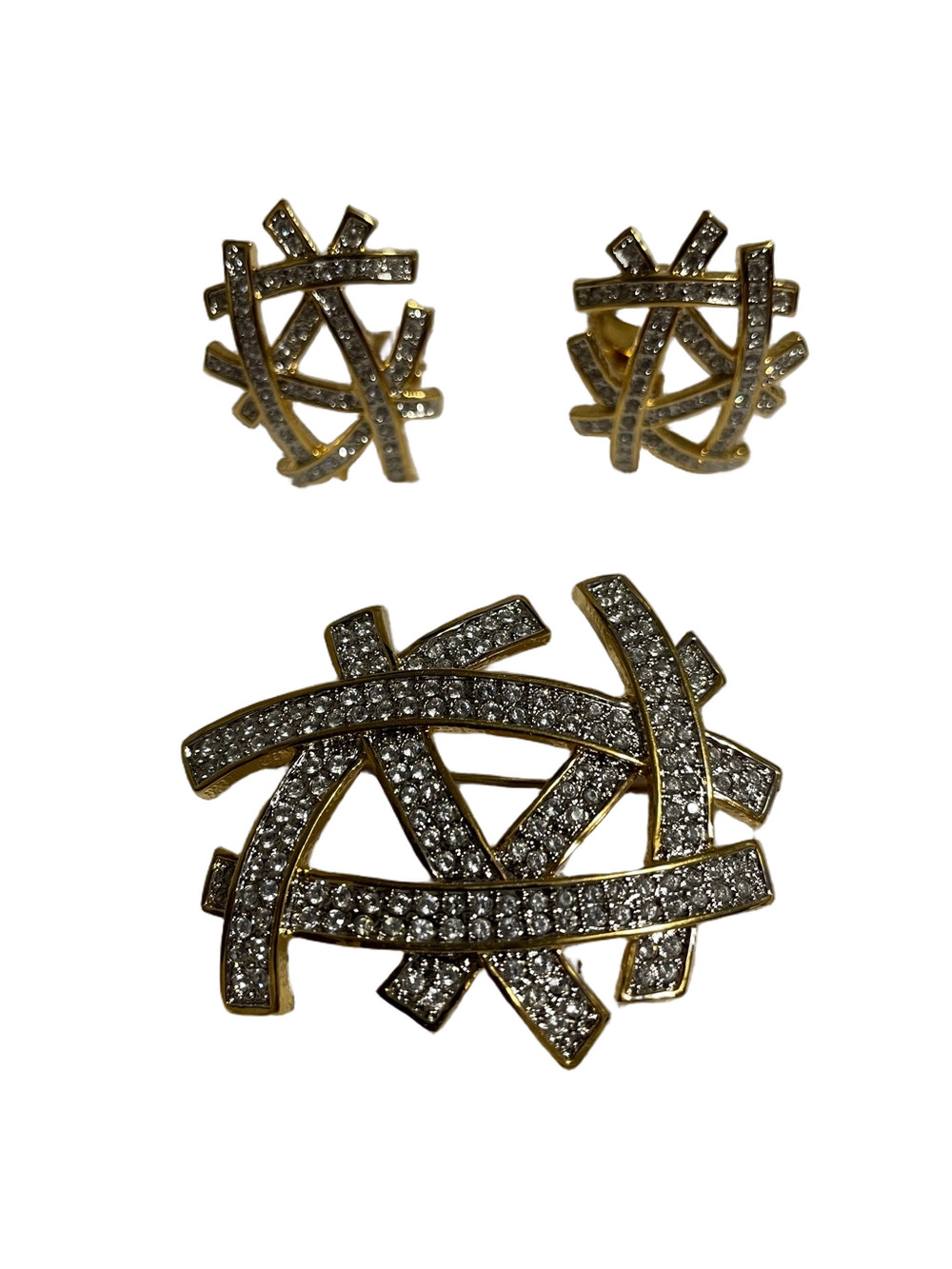 Vintage Butler Signed Gold-Tone Crystal Interlace Brooch and Earring Set